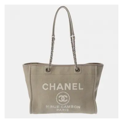 Chanel Deauville Mm Greige Canvas/Leather Tote Bag