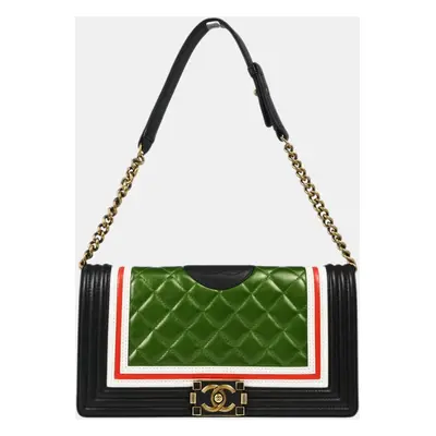 Chanel Black/White/Red/Green Quilted Lambskin Leather East/West Crest Boy Bag