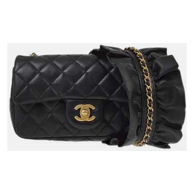 Chanel Black Lambskin Single Flap Roffle Strap Shoulder Bag