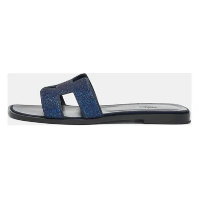 Hermes Blue Crystal Embellished Suede Oran Flat Slides Size