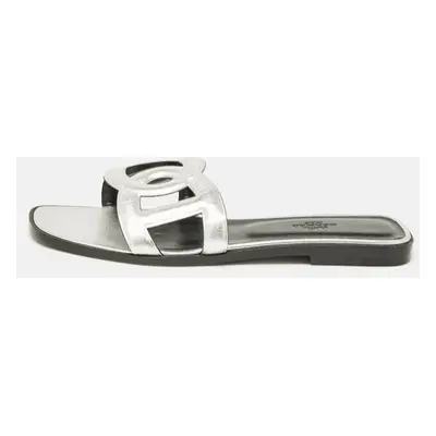 Hermes Silver Leather Omaha Flat Slides Size