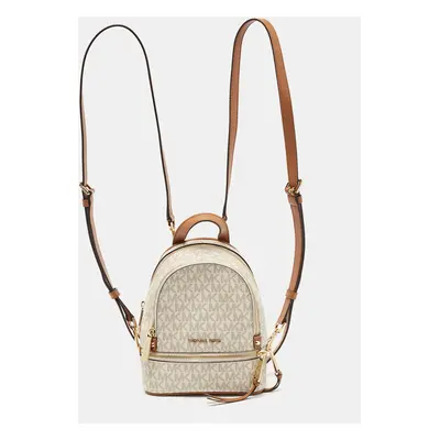 Michael Kors White/Tan Signature Coated Canvas and Leather Mini Rhea Backpack