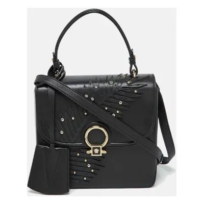 Versace Black Leather Applique Studded Flap Top Handle Bag