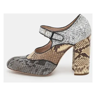 Miu Miu Multicolor Glitter and Python Leather Block Heel Pumps Size