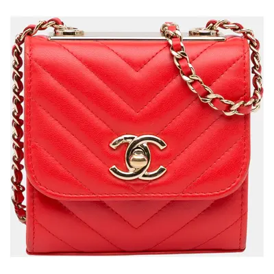 Chanel Red Mini Chevron Lambskin Trendy CC Chain Wallet