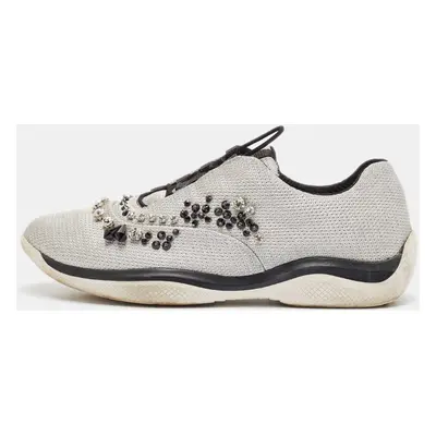 Prada Silver Mesh Crystal Embellished Lace Up Sneakers Size