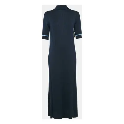 Loro Piana Navy Blue Rib Knit Turtle Neck Midi Dress