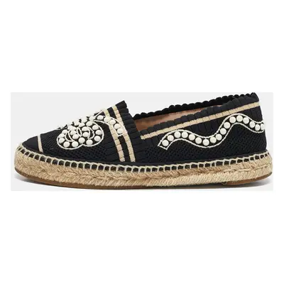 Fendi Black/Beige Knit Fabric Pearl Embellished Espadrille Flats Size