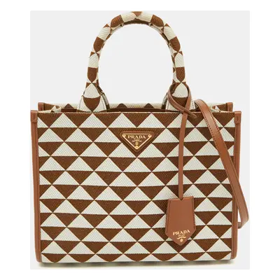 Prada Brown/White Embroidered Fabric and Leather Small Symbole Tote