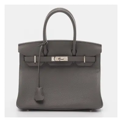 Hermes Gray Etain Leather Birkin Tote Bag