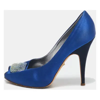 Giuseppe Zanotti Blue Satin Crystal Embellished Peep Toe Platform Pumps Size