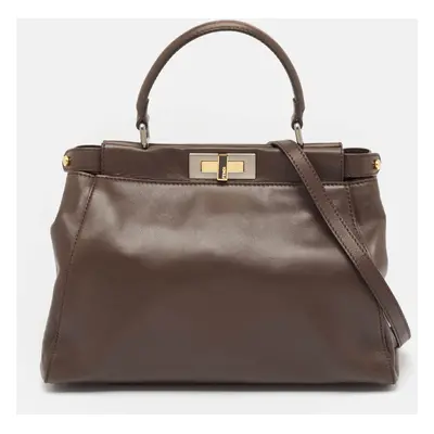 Fendi Dark Brown Leather Peekaboo Top Handle Bag