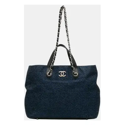 Chanel Black/Navy Blue CC Straw and Caviar Drawstring Shopping Tote