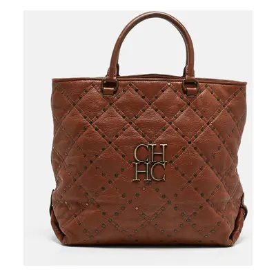 Carolina Herrera Brown Quilted Leather Studded Logo Tote