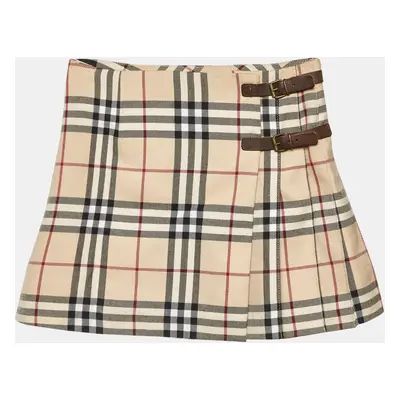 Burberry Beige Tartan Check Wool Blend Pleated Wrap Skirt Yrs