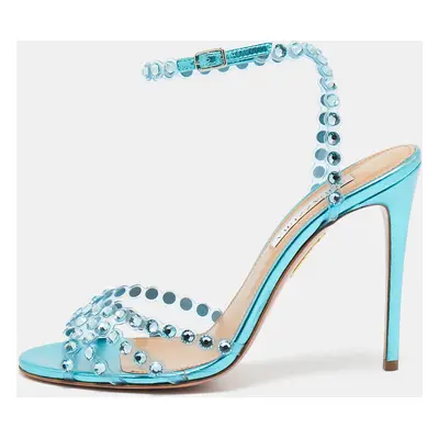 Aquazzura Transparent/Metallic Aqua PVC and Leather Dance Plexi Sandals Size 38.5