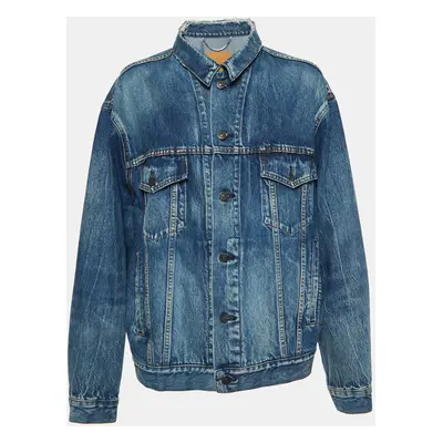 Balenciaga Blue Denim Distressed Collar Detail Oversized Jacket