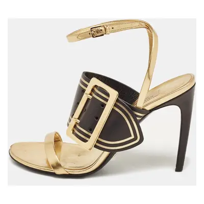 Burberry Black/Gold Leather Buckle Padstow Ankle Strap Sandals Size 38.5