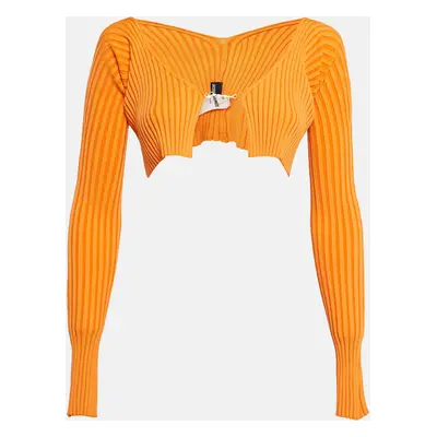 Jacquemus Orange Rib Knit Full Sleeve Badge Detail Crop Cardigan