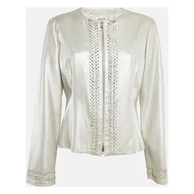 Armani Collezioni Silver Leather Zip-Up Cut-Out Detail Jacket