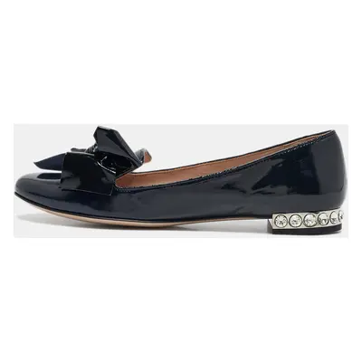 Miu Miu Navy Blue Patent Leather Bow Crystals Embellished Smoking Slippers Size