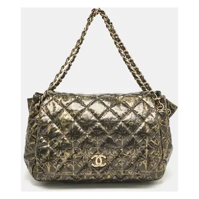 Chanel Black/Gold Quilted Printed Coated Nylon Accordion Flap Bag