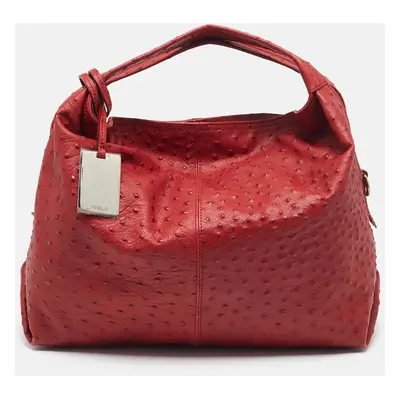 Furla Red Ostrich Embossed Leather Elizabeth Hobo