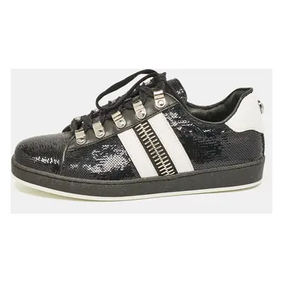 Balmain Black/White Leather and Sequins Lace Up Sneakers Size