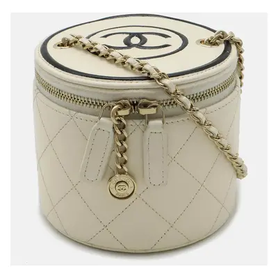 Chanel Ivory/Black Leather Small Vanity Bag Chain Shoulder Bag