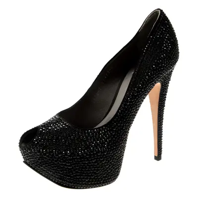 Gina Black Crystal Embellished Peep Toe Platform Pumps Size