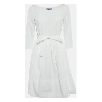 Prada White Cotton Lace Trim Detail Pleated Short Dress