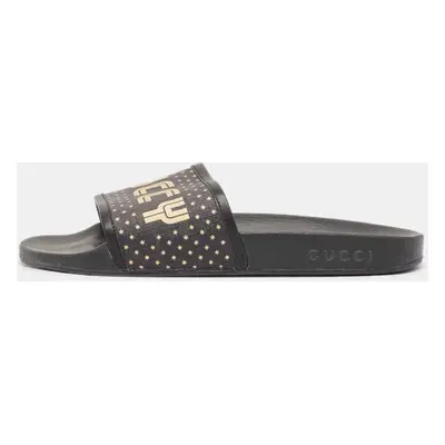 Gucci Black/Gold Coated Canvas and Leather Star Guccy Pool Slides Size