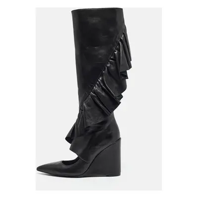 J.W. Anderson Black Leather Ruffle Knee Length Wedge Boots Size