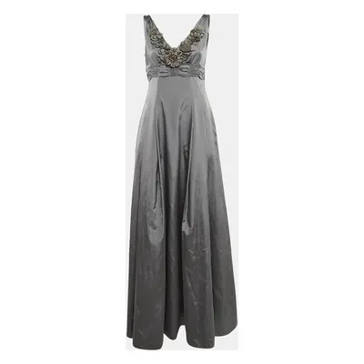 Moschino Vintage Grey Floral Detail Neck Silk Blend Pleated Gown