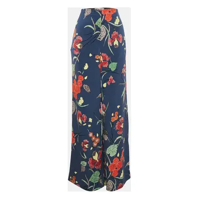 Diane Von Furstenberg Blue Floral Print Crepe Wide Leg Pants