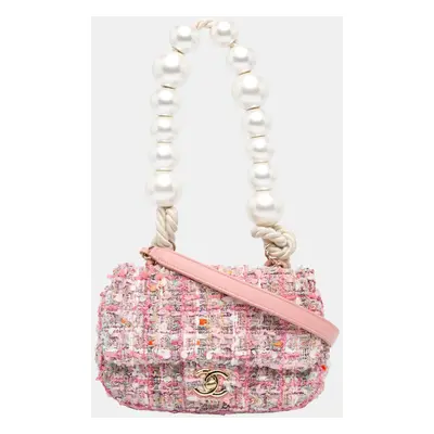 Chanel Pink Mini Tweed Pearl Top Handle Flap