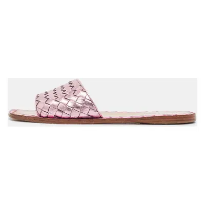 Bottega Veneta Metallic Pink Intrecciato Leather Ravello Flat Slides Size