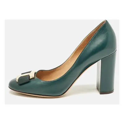 Salvatore Ferragamo Green Leather Varina Block Heel Pumps Size 39.5