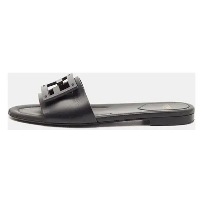 Fendi Black Leather Logo Flat Slides Size 36.5