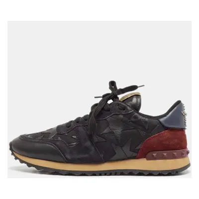 Valentino Black/Burgundy Leather and Suede Rockrunner Low Top Sneakers Size