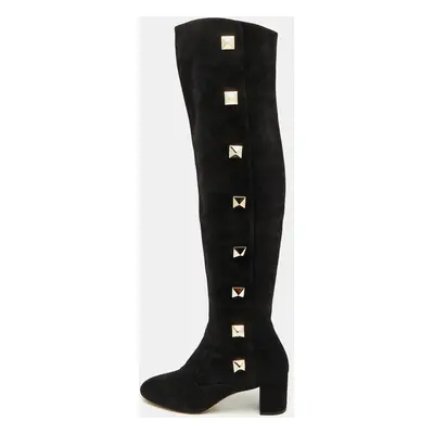 Valentino Black Suede Rockstud Block Heel Knee Length Boots Size