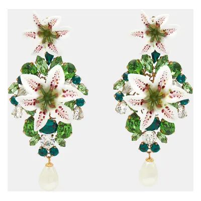 Dolce & Gabbana Crystal Faux Pearl Resin Lily Gold Tone Earrings