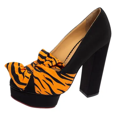 Charlotte Olympia Black/Orange Zebra Print Satin Dolly Bow Pumps Size 37.5