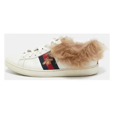 Gucci White Leather and Fur Embroidered Bee Ace Sneakers Size