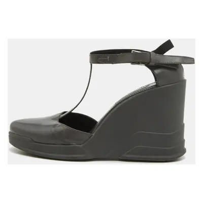 Prada Grey Leather T-Strap Wedge Ankle Strap Pumps Size