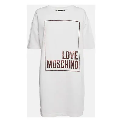 Love Moschino White Logo Embellished Cotton Knit Mini Dress