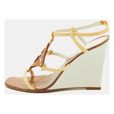 Louis Vuitton Cream/Brown Patent Leather Capricieuse Monogram Wedge Sandals Size 36.5