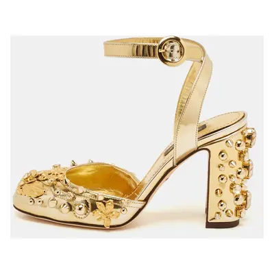 Dolce & Gabbana Gold Leather Embellished Ankle Wrap Sandals Size