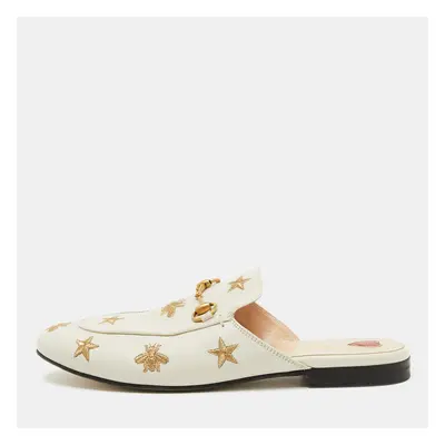 Gucci White Leather Bee and Star Embroidered Princetown Flat Mules Size