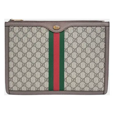 Gucci Beige Brown Coated Canvas Leather Supreme Portfolio Clutch Bag